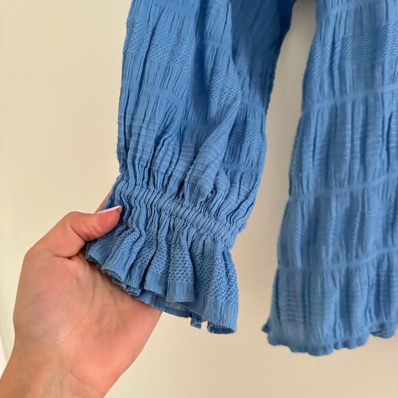 Cleobella Azariah Long Sleeve Smocked Split Neck Blouse Blue S - Picture 5 of 12